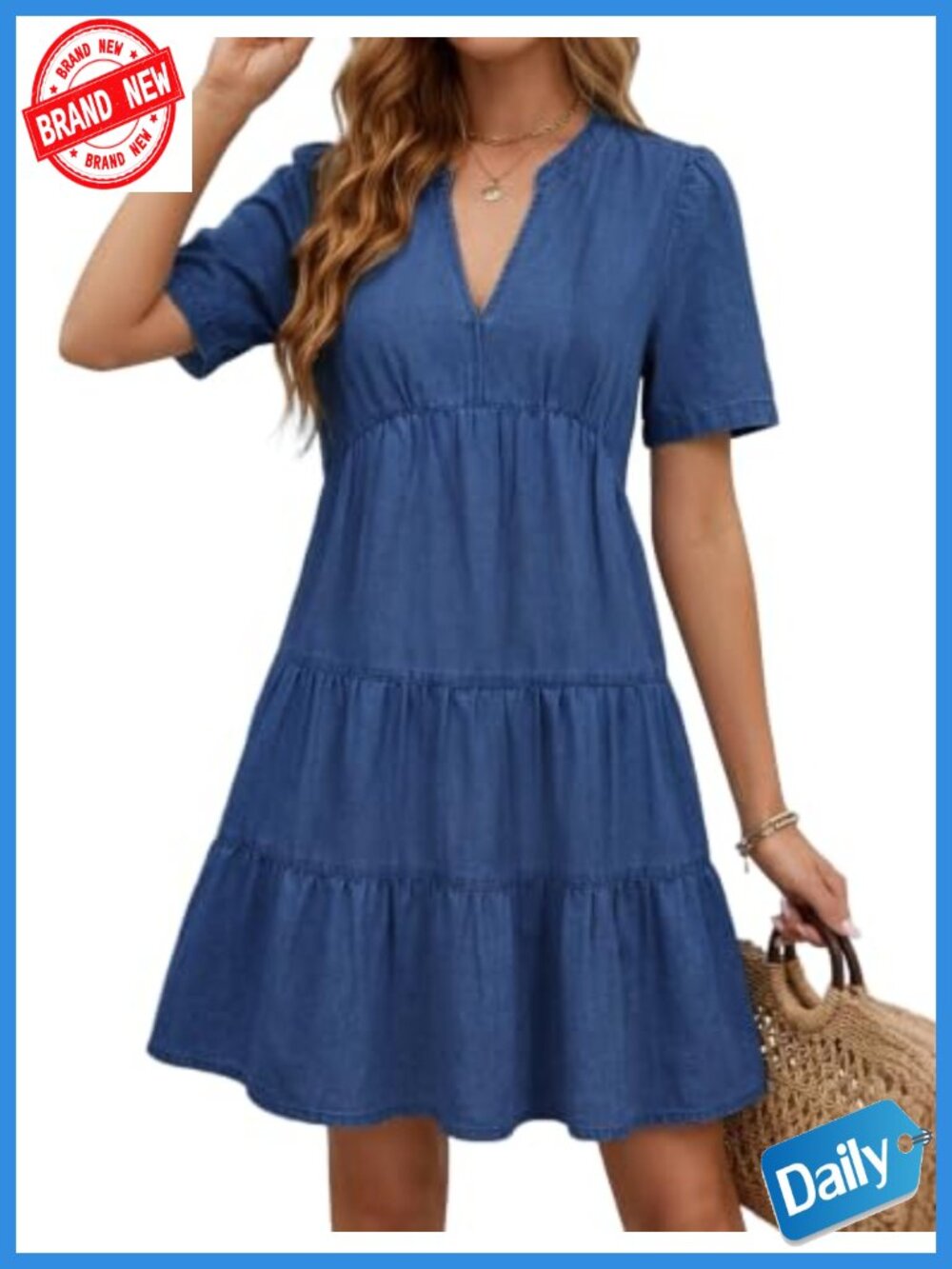 V-Neck Denim Mini Dress with Pockets, Short Sleeve A-Line Casual Jean Dress